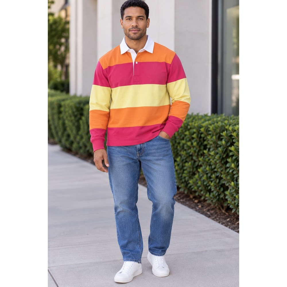 Vintage L.L.Bean L Colorblock Rugby Polo Shirt Preppy 100% Cotton Multicolor